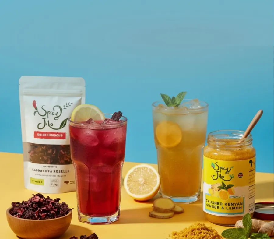 Hibiscus iced tea and ginger lemon drink with Spicy Jiko hibiscus and Dawa