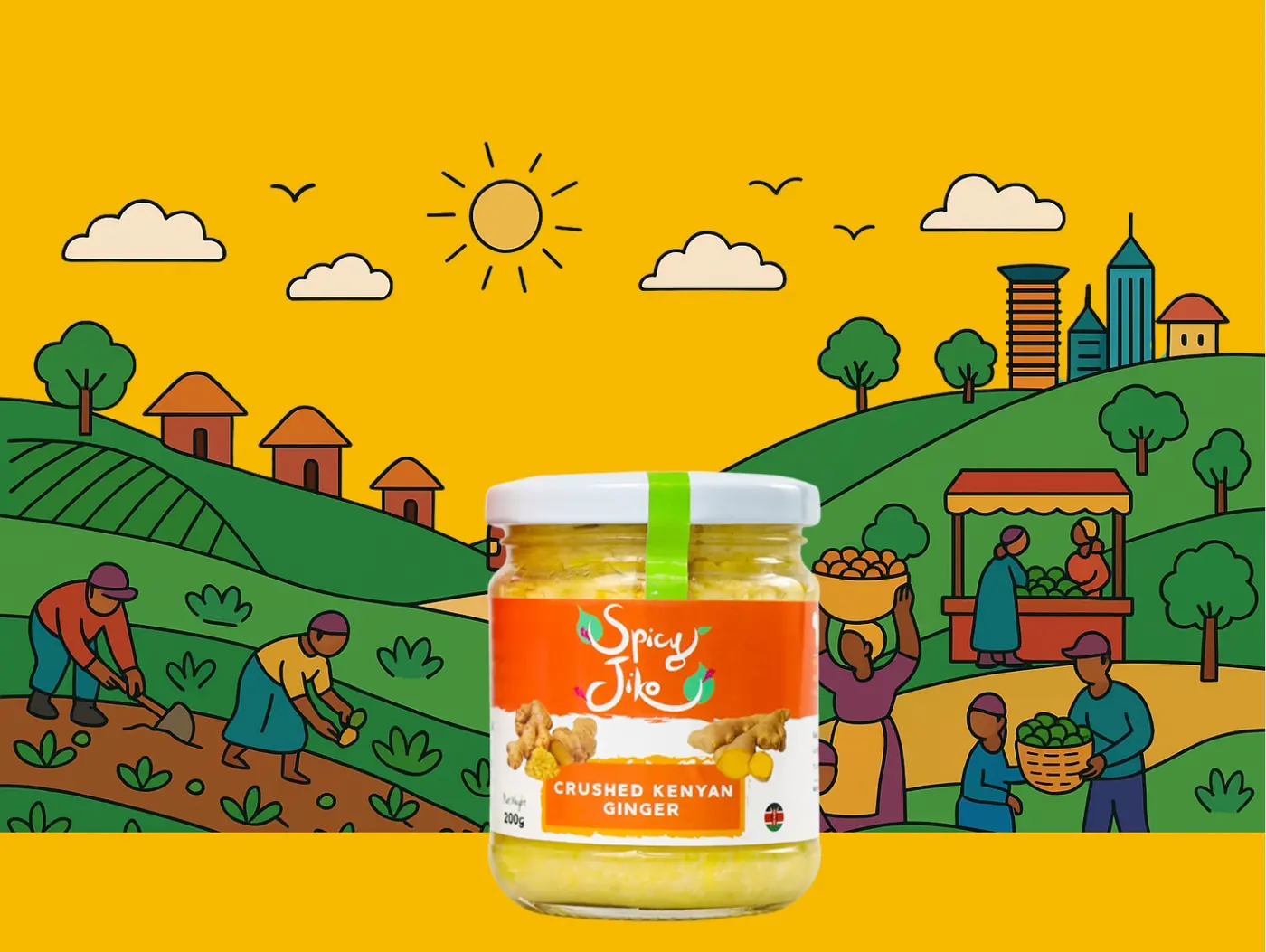 Illustration of Kenyan farmers harvesting ginger in green hills, with a jar of Spicy Jiko Crushed Kenyan Ginger in the middle
