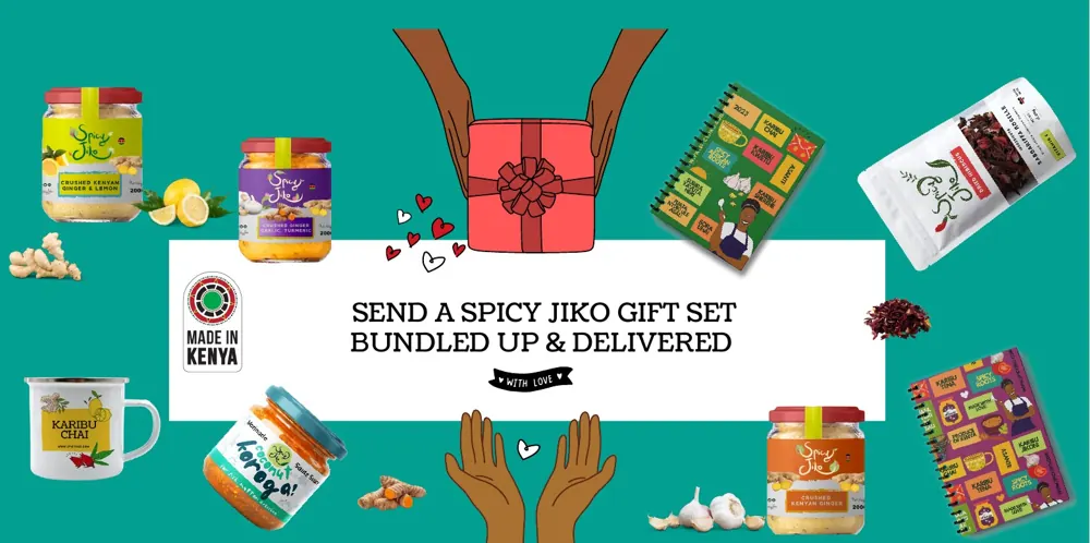 Spicy Jiko gift set: jars, hibiscus, a Karibu Chai mug and notebooks around a wrapped gift