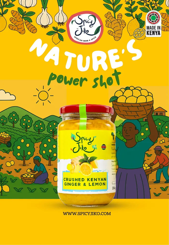 Nature's Power Shot poster: a jar of Spicy Jiko Crushed Kenyan Ginger and Lemon in front of illustrated lemon farmers